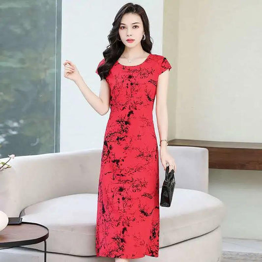 Women's Floral Round Neck Summer Short Sleeve Midi Dress  Large Loose Dress