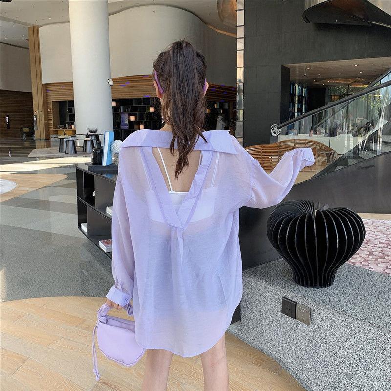 Women's Blouses Shirts Sun Protection Loose Outer Thin Beach Coat Backless Solid Shirts