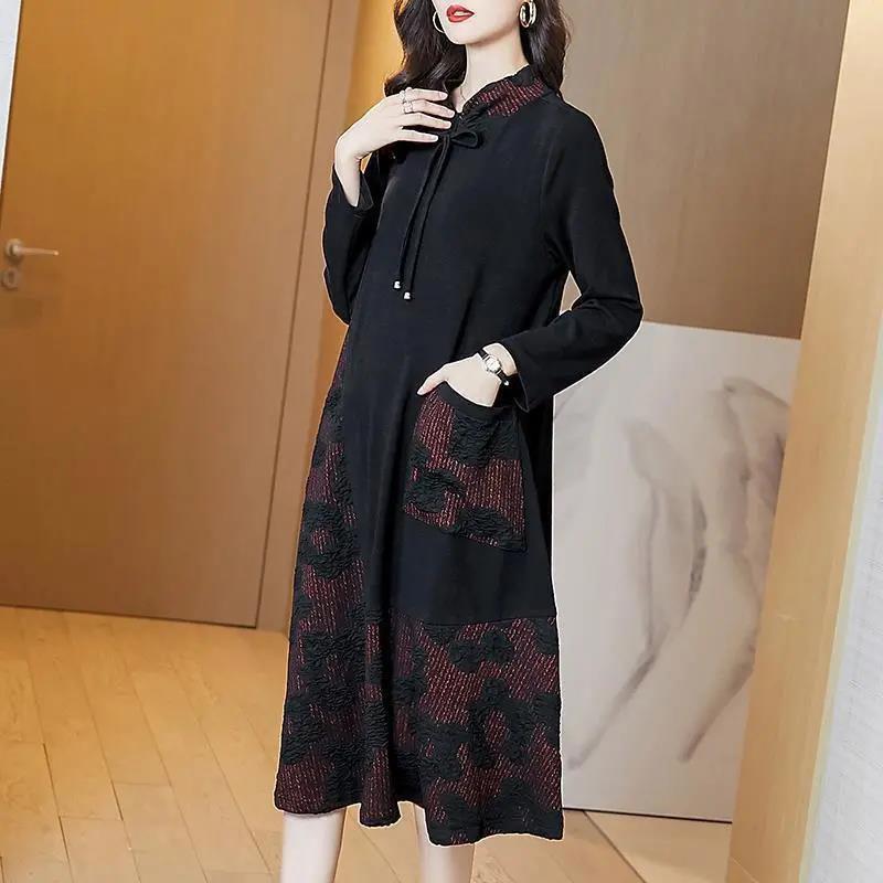 Women Turn-down Collar  Print Long Sleeve Dress Big Pocket Spring and Autumn Large Size Loose Mid-calf Dress Size L-XXXXXL