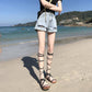 WTEMPO Women Loose  Solid Color Ripped Denim Shorts Spring and Summer Wide Leg A-line Thin Curled Bottom Casual Shorts