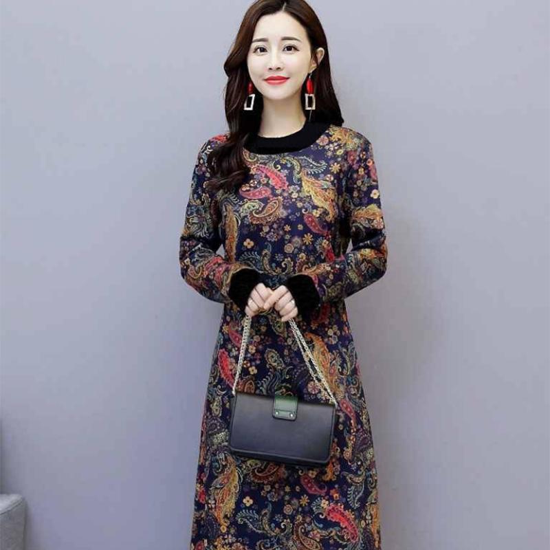 Pofulove Retro Plus Velvet Dress Female Turtleneck Over Knee Long Skirt Plus Size Cover Belly Fat