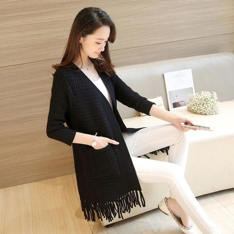 Spring and Autumn Loose Plus Size Sweater Mid-length Tassel Knitted Jacket Cardigan All-match Female Jacket