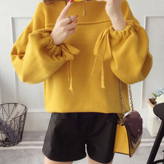 Fashion Solid Color Lantern Sleeve Sweater Women's Loose Pullover Knitwear Regular Puff Sleeve Top Outer Wear
