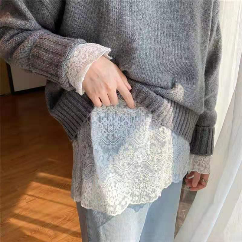 Pofulove super fairy bottoming shirt Plus velvet lace shirt women's new Korean mesh lace lace collar