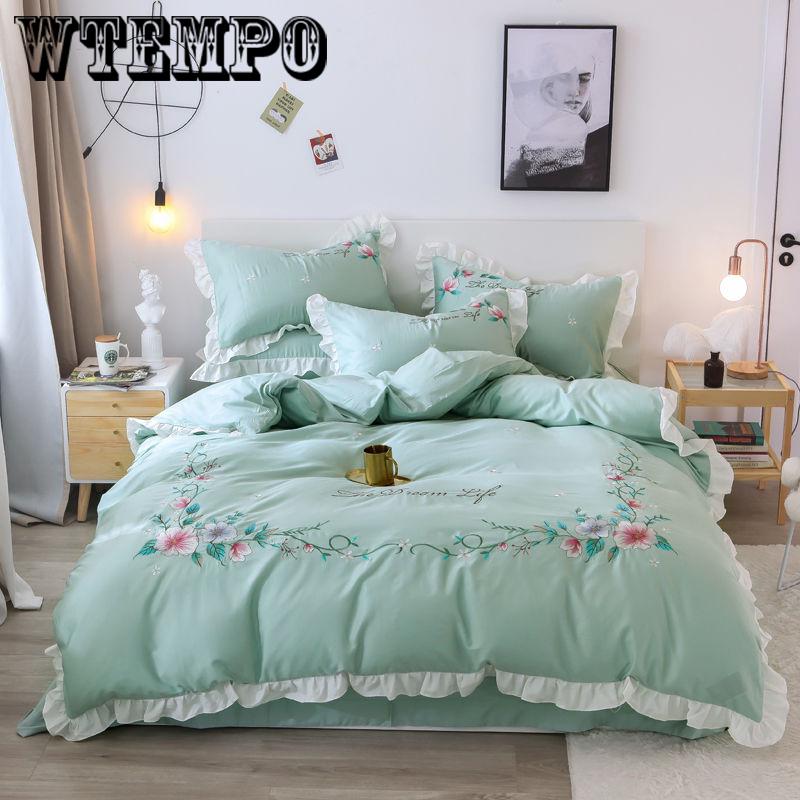 Cotton four-piece lotus leaf lace sheets comfortable cotton solid color home bedroom bedding set