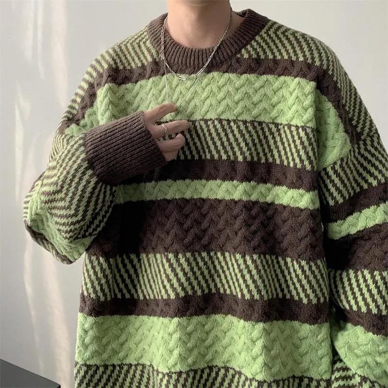 Striped Round Neck Sweater Men's Autumn and Winter Thick Sweater Loose Warm and Comfortable