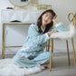 Autumn Winter Flannel Pajamas Suits Thick Warm Velvet Sleepwear Set Coral Fleece Cartoon Cute Home Wear Loose Casual Front Button V Neck Long Sleeve