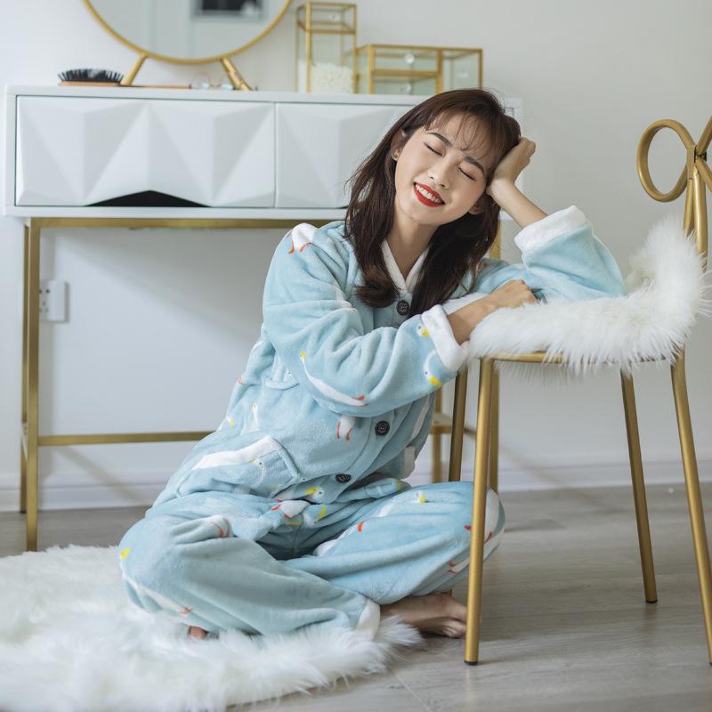 Autumn Winter Flannel Pajamas Suits Thick Warm Velvet Sleepwear Set Coral Fleece Cartoon Cute Home Wear Loose Casual Front Button V Neck Long Sleeve
