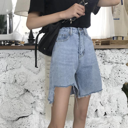 WTEMPO Ripped Denim Shorts Skirt Women Jeans Elastic Waist Loose Wide Leg A-line Office Club Casual Party Dates Vocation