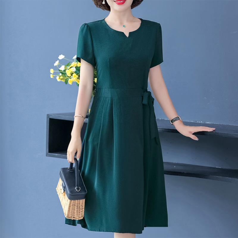 Middle-aged Female Mother Cotton Skirt Summer Dress Short-sleeved Temperament Dress Casual Breathable Perspiration