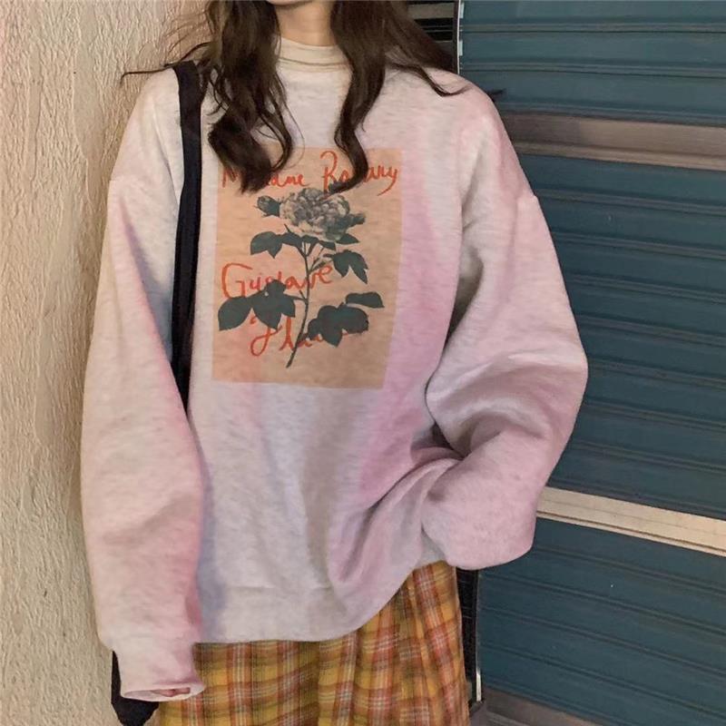 Spring Fall Polyester Flowers Printing Women Sweatshirt Loose O Neck Ladies Chic Female Pullovers