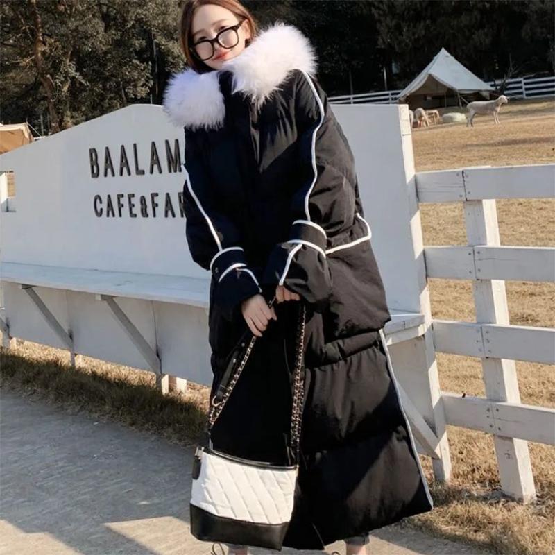Women's Glossy Loose Down Jacket Mid-length Korean Thick Coat Warm Cotton Coat with Big Fur Collar Winter Quilted Jacket