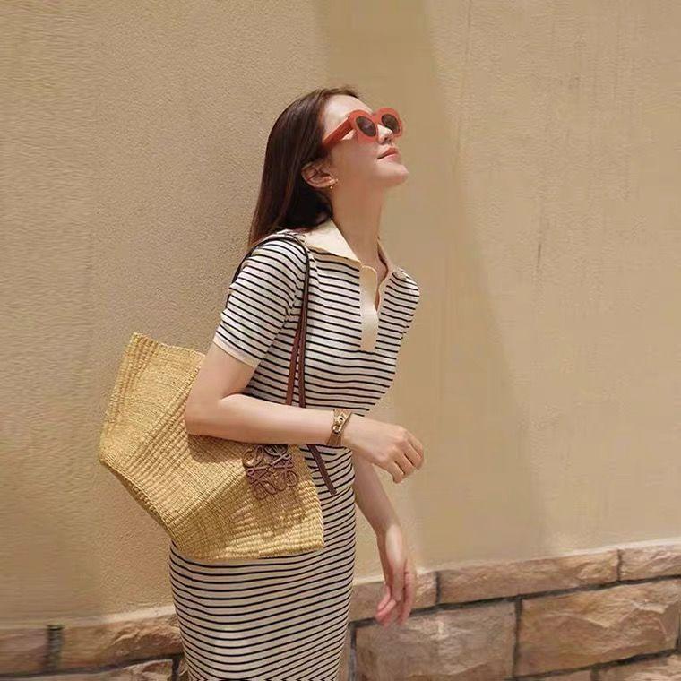 Female Short Sleeve Elegant Holiday Dress Slim Striped Knitted Polo Collar Vintage Beach Dress
