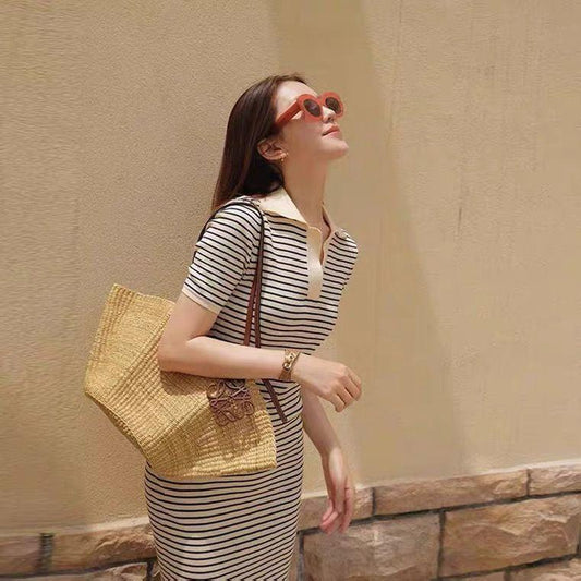 Female Short Sleeve Elegant Holiday Dress Slim Striped Knitted Polo Collar Vintage Beach Dress