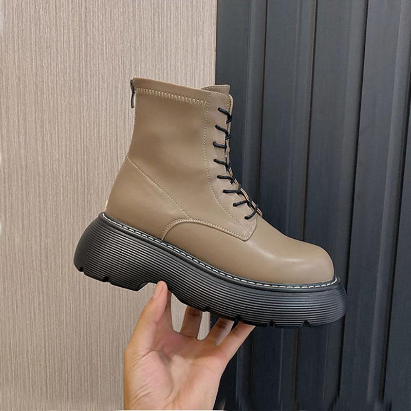 Autumn and Winter Leather Sponge Cake Thick-soled Martin Boots Thin Single Boots Heightening Short Boots All-match