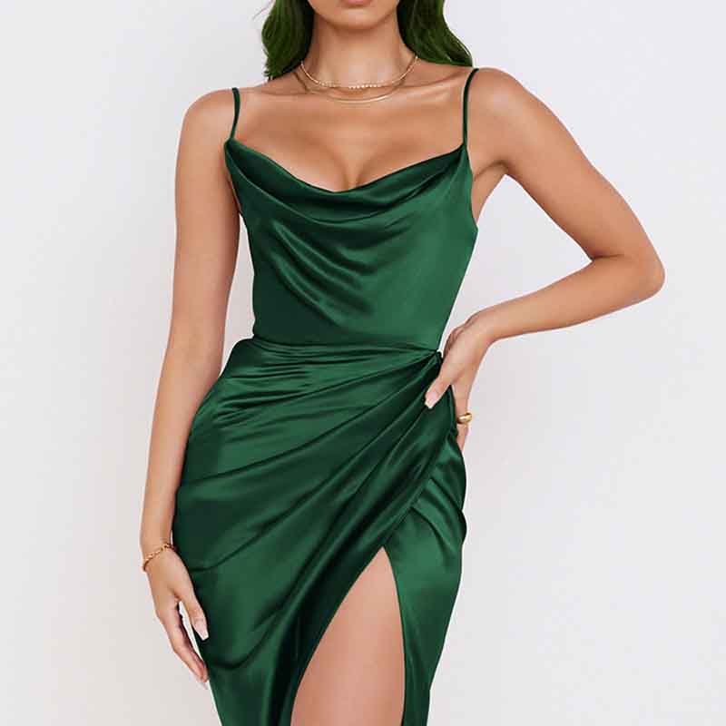 Fashion Sexy Slit Satin Dress Europe and The United States Self-cultivation Temperament Sexy Suspender Slit Skirt