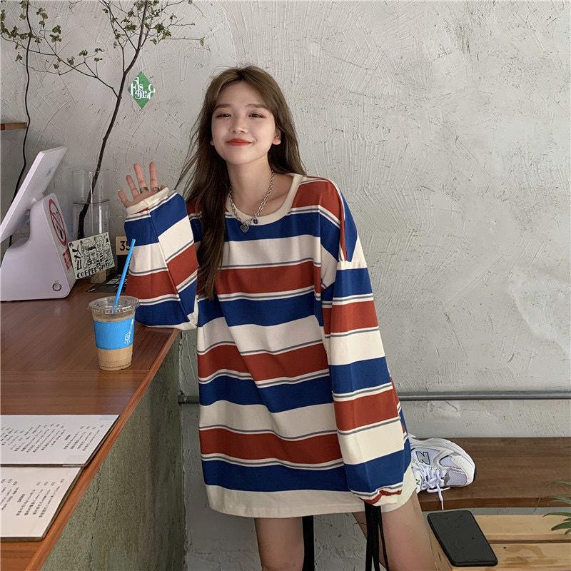 Striped T-Shirt Casual Autumn Ladies Loose Tee Female Women Long Sleeve Pullover