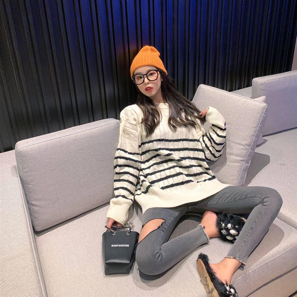 Sweater Female New Autumn Winter Long Sleeve Hooded Base Long Loose Coat Large Size Knitting