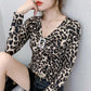 Women's Spring and Autumn Long-sleeved Bottoming Shirt Leopard Print V-neck Slim Top
