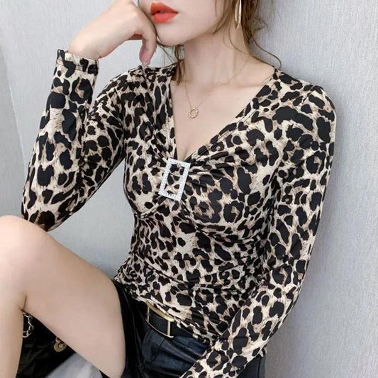Women's Spring and Autumn Long-sleeved Bottoming Shirt Leopard Print V-neck Slim Top