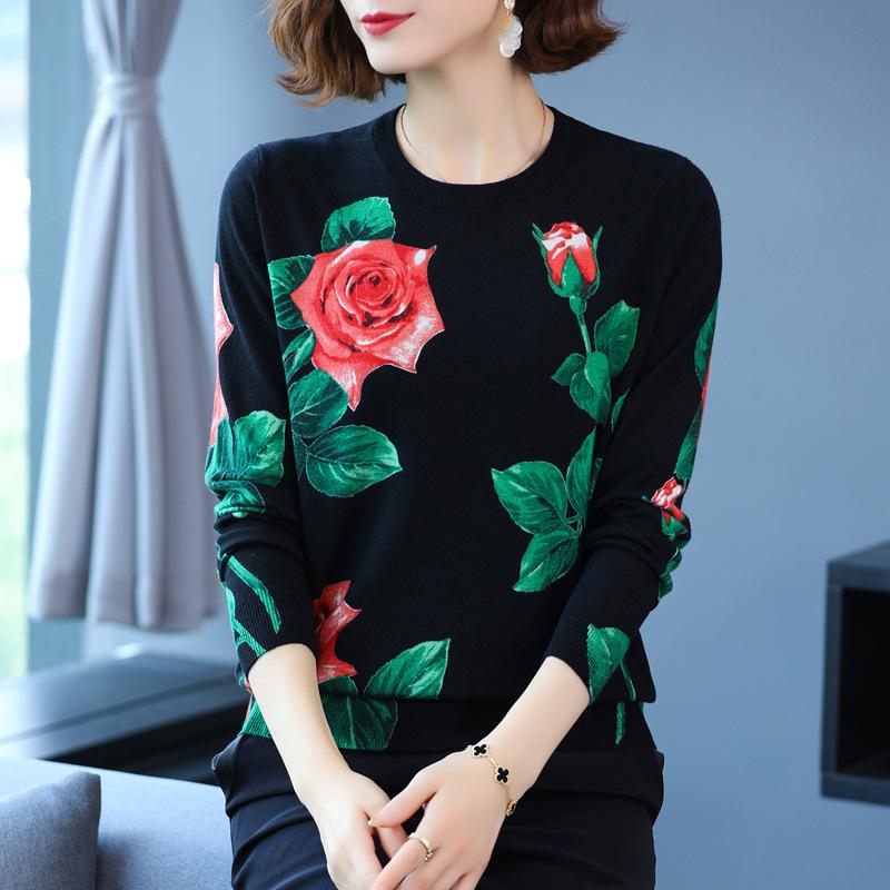 Ethnic Style Rose Print Sweater Women Fall Winter Casual Pullover Sweater Retro Plus Size Woolen Sweater