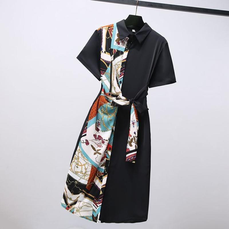 Summer Slim-fit Black Dress Female Color Stitching Long Shirt Dress Knee-length Dress with Belt