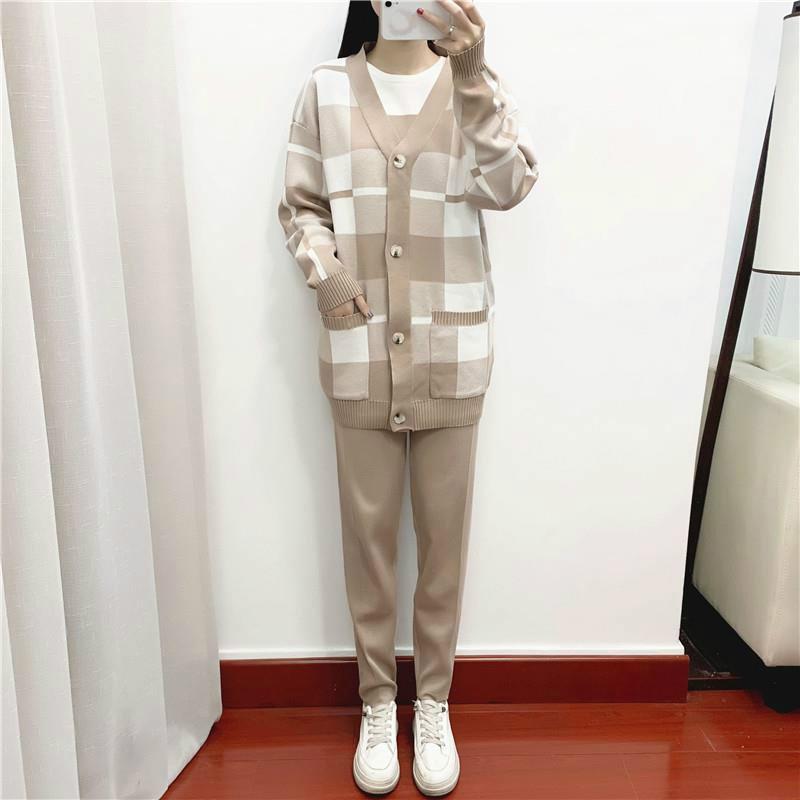 3pcs/set Knit Suit Women's Casual Plaid Knitted Cardigan +sweater + Knitted Harem Pants 3 Piece Set Ladies  Jogging Outfits Autumn Spring