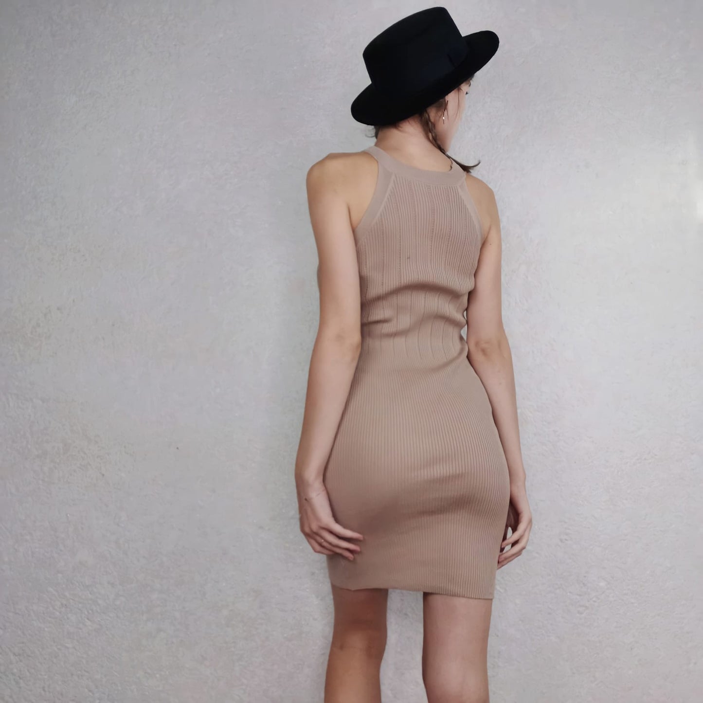 Summer Autumn Ice Silk Stretch Knitted Dress Female Gold Buckle Hanging Neck Sleeveless Dress Slim Knit Bodycon Dress for Party