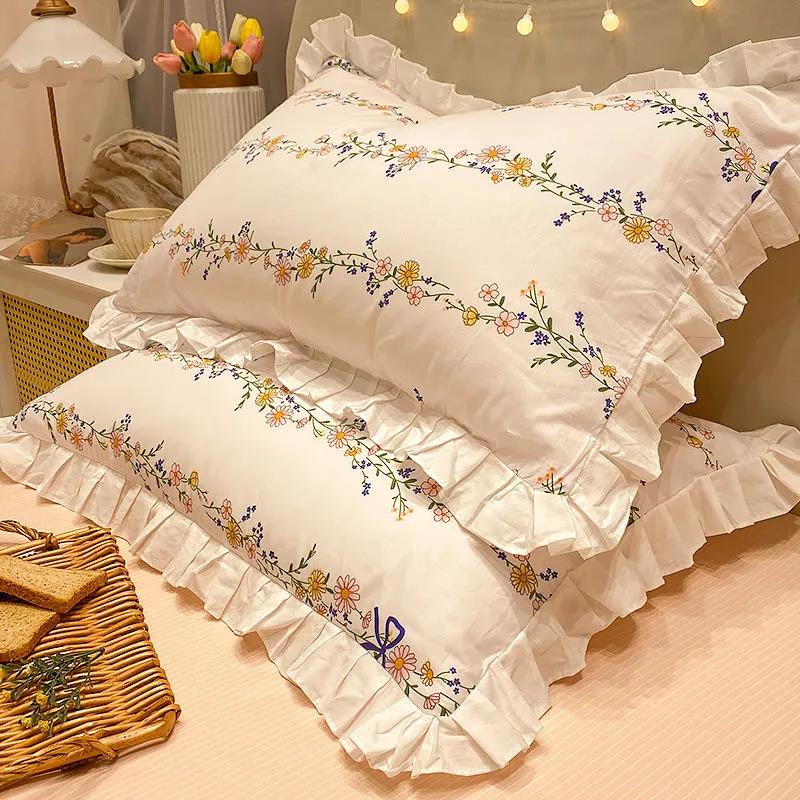 Princess Style Print Pillowcase Korean Style Fashion Lace Soft Pillow Core Cover A Pair of Cotton Pillowcases for Adults