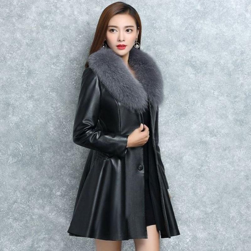 Ladies Winter Faux Fox Fur Leather Coat Warm Fluffy Hoodie Thick Overcoat Plus Size Coat
