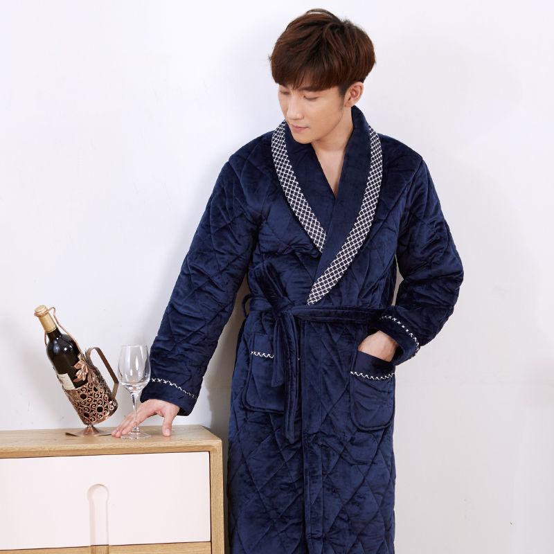 Winter Night Gown Thickened and Long Coral Fleece Quilted Flannel Winter Plus Velvet Bathrobe Pajamas Men
