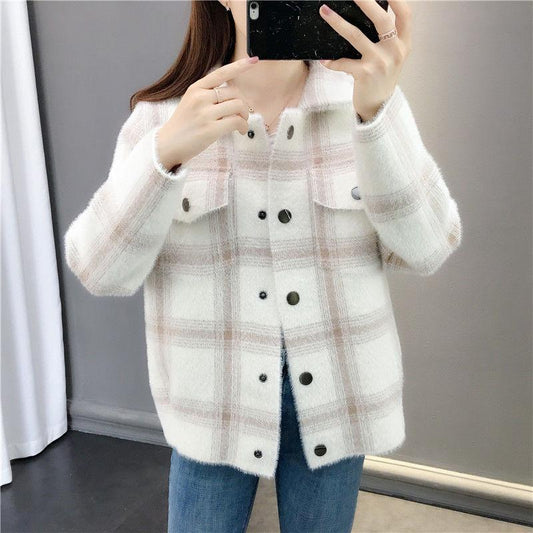 Autumn and Winter Popular Short Coat Long Sleeve Lapel Loose Sweater Plaid Knitted Coat All-match