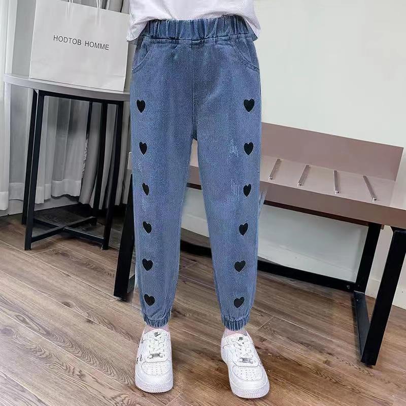 Embroidered Heart Harem Jeans Women's Spring and Autumn Denim Trousers High Waist Elastic Large Size Loose Casual Denim Pants