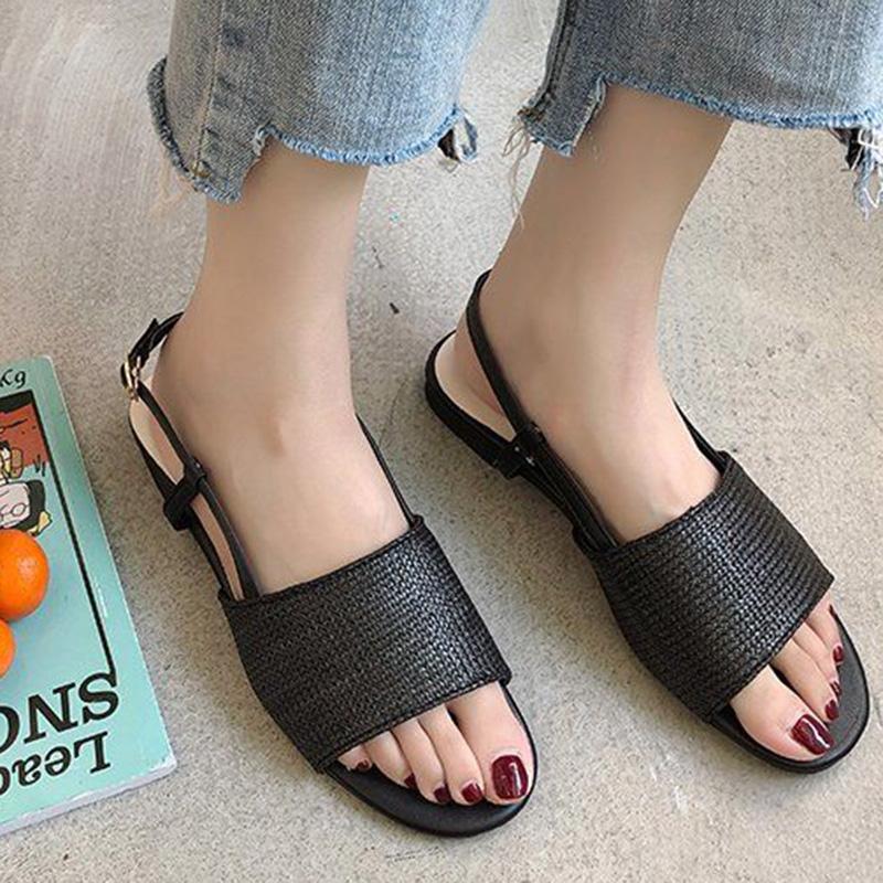 Flat Sandals Women's Summer Korean Fashion Straw Braided Buckle Open Toe Sandals All-match Student Sandals