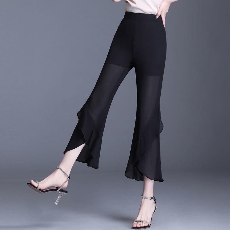 WTEMPO Chiffon Summer Women Casual Ladies Flare Long Pants  Bell Bottoms Large Size M-XXXL Cropped Trousers