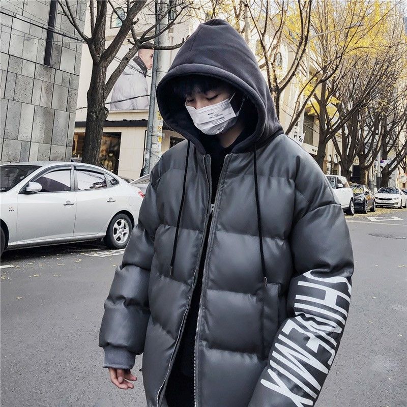 Winter Men's PU Leather Jacket Korean Version of The Trendy Student Hooded Jacket Loose Fashion College Style Cotton Jacket
