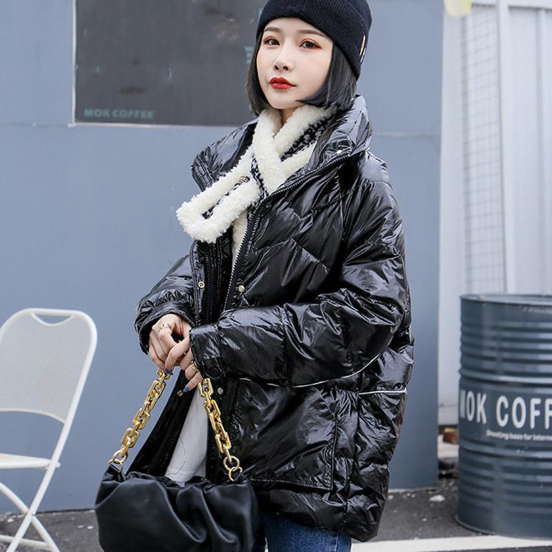 Women's Shiny Mid-length Down Jacket Winter Korean Style Loose Coat Warm Stand-collar Down Jacket