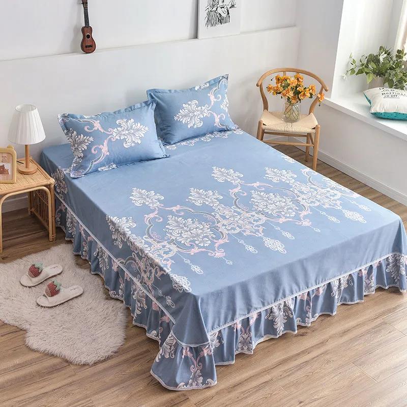 Four Seasons Universal Cotton Sanding Mattress Cover Princess Wind Thickened Printing Lace Mattress Protection Dust Cover