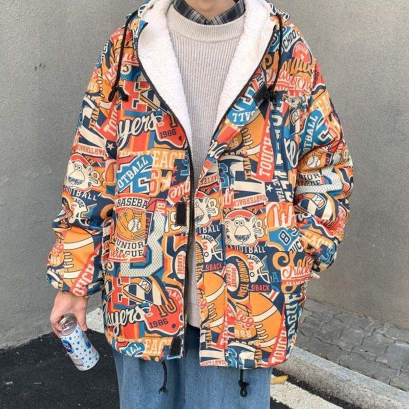 Graffiti Lamb Wool Coat Men's Winter Trend Plus Velvet Thick Loose Large Size Cotton Coat Padded Jacket