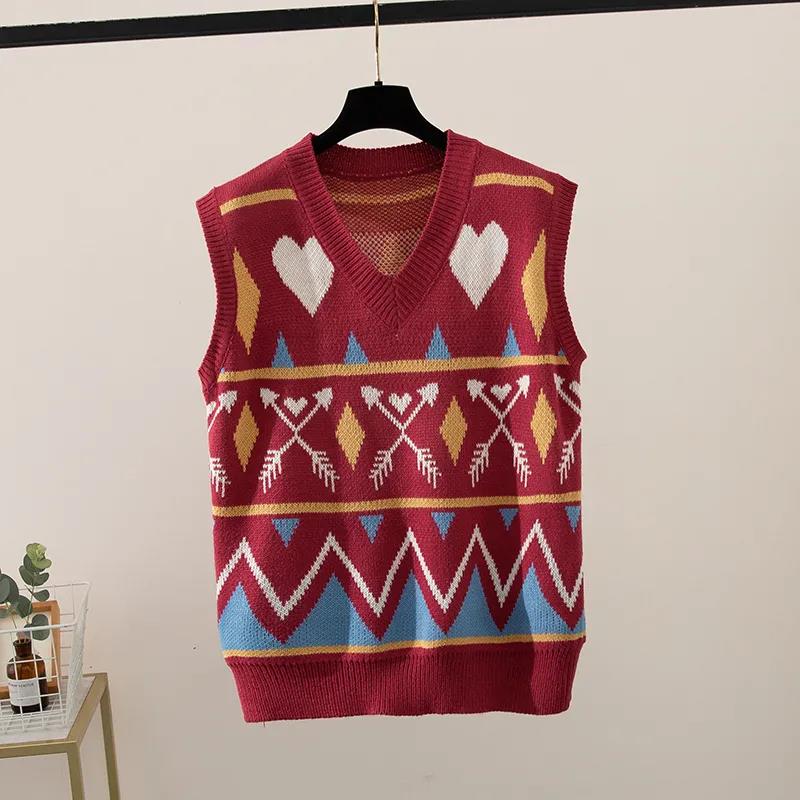 Retro Diamond Loose Knit Vest Women Spring and Autumn Stacking Sleeveless V-neck Vest Sweater