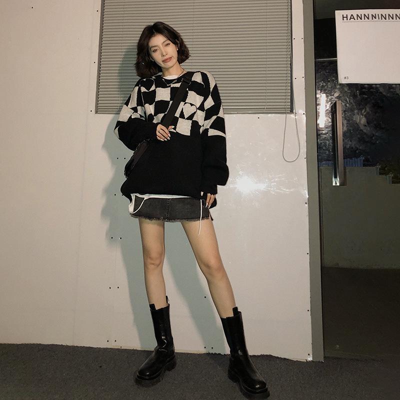 Checkerboard Sweater Long-sleeved Women Loose Retro Outer Wear Top Knitted Sweater Casual Ladies Autumn Winter