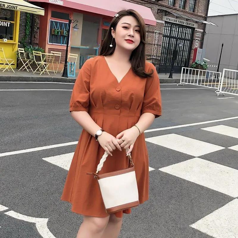 Solid Color Large Size L-XXXXXL Women's Summer Dress Short Sleeve V-Neck Above Knee