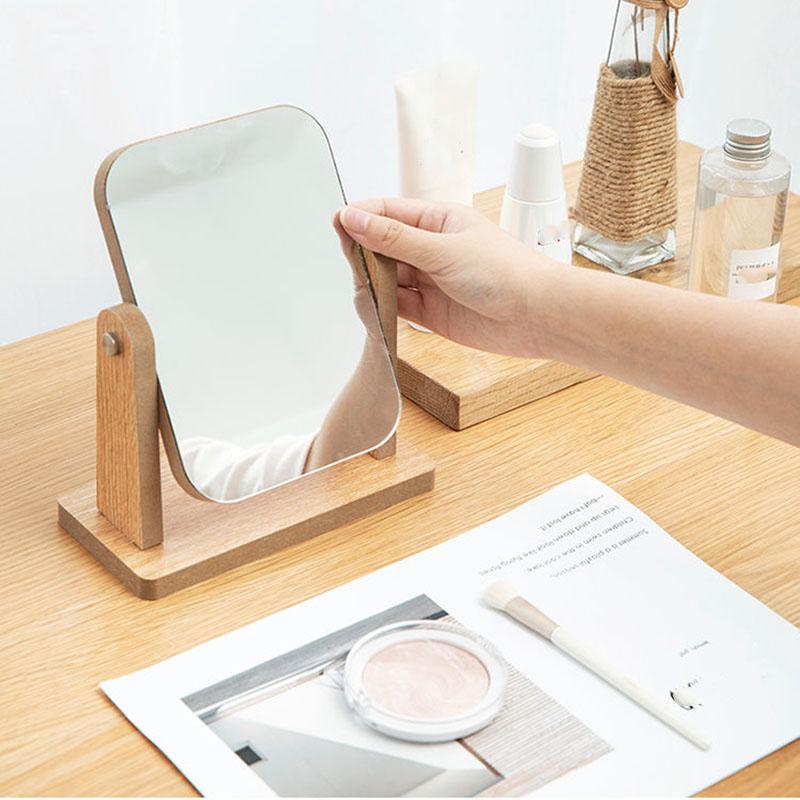 Ladies Rotatable Wooden Mirror Desktop Creative Portable Makeup Mirror HD Thin and Light Travel Out Household Essentials