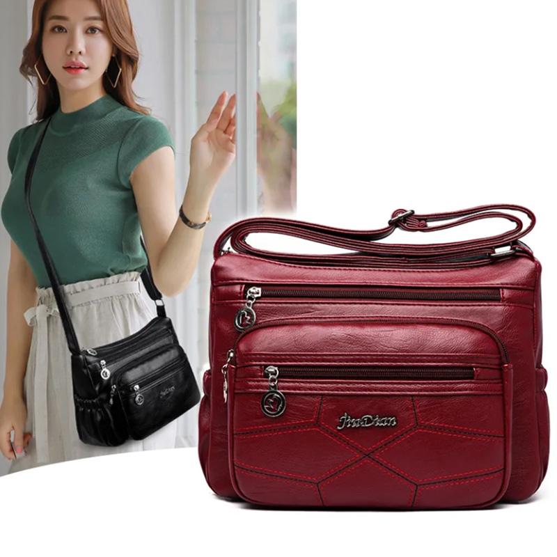 Sheep Leather Multi-layer Female Bag Fashion Trend Large Capacity Messenger Bag Middle-aged Lady Shoulder Bag Mother Bag