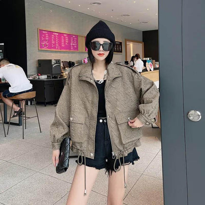 Folded Embossed Short Jacket Women Autumn Loose Casual Fashion Western Style Blouse