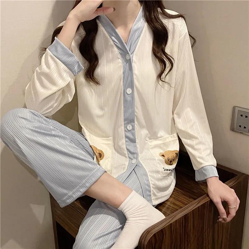 Women's Spring Autumn Long-sleeved Pajamas Set Sweet Cute Printing V-neck Button Suit Cartoon Out Wear Pyjamas Casual Loose Homewear Set Sleeping Suit