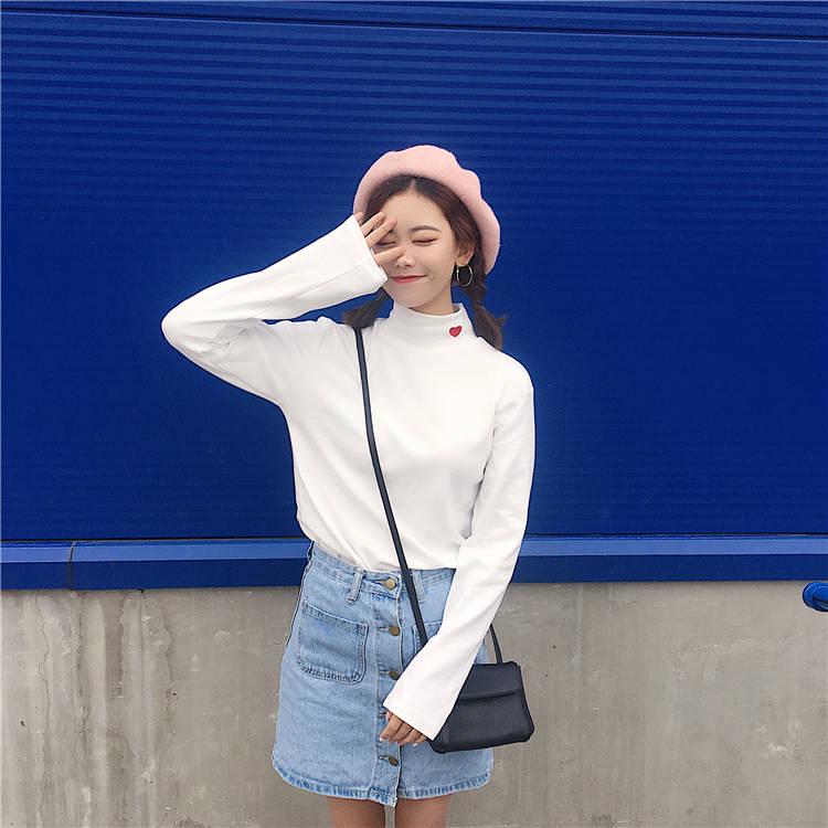 Pofulove Student Slim Wild Clothes Winter Plus Velvet Long Sleeve Half Turtleneck Bottoming Shirt