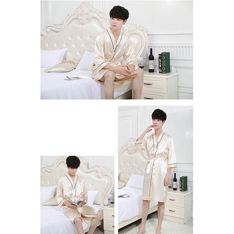 Spring and Summer Korean Version of The Nightgown Men's Bathrobe Silk Pajamas Men's Summer Loose Thin Ice Silk Bathrobe Home Service