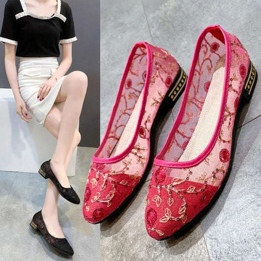 Summer Women's Shoes Thick Heel All-match Fashion Mesh Women's Shoes Pointed Toe Low-heeled Breathable Sandals