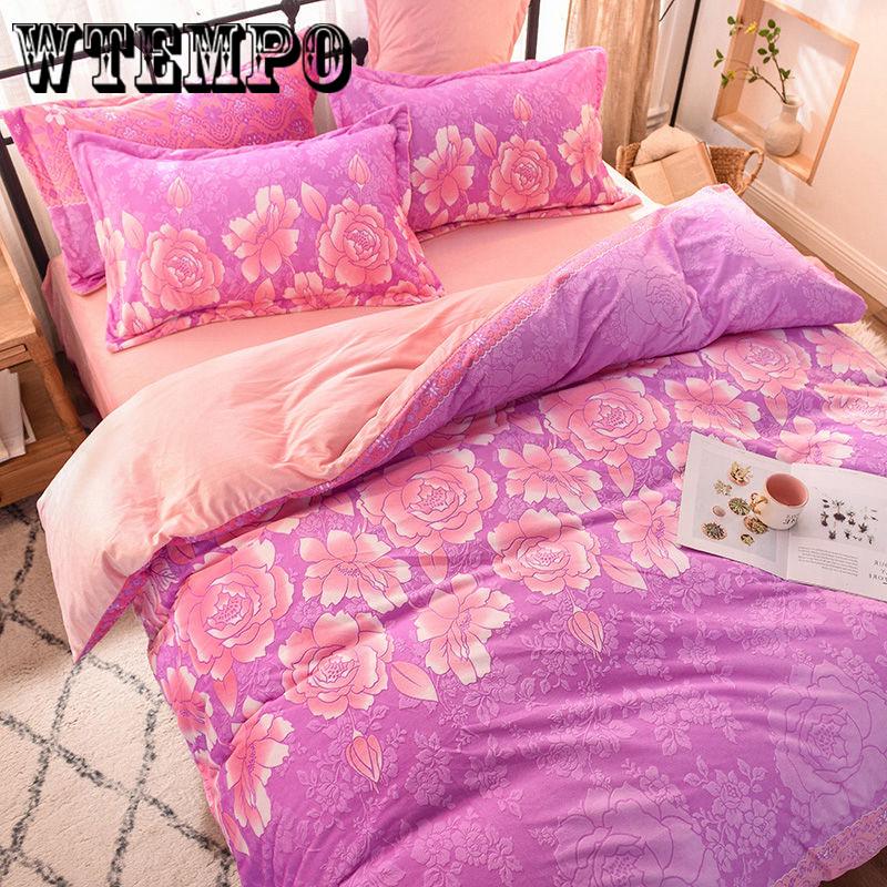 4pcs Winter Romantic Bedding Sets Floral Print Queen/king Size Quilt Cover Thick Warm Bed Sheet +pillowcases